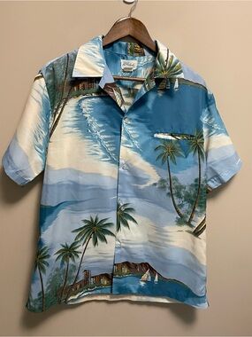 Kolekole Blue Tropical Hawaiian Button Down Shirt Men’s Large Vintage 90s